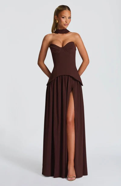 brown gauze fishbone bandeau maxi dress