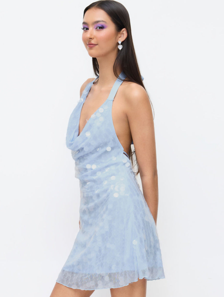 blue halter neck lace-up beads V-neck open back strap dress