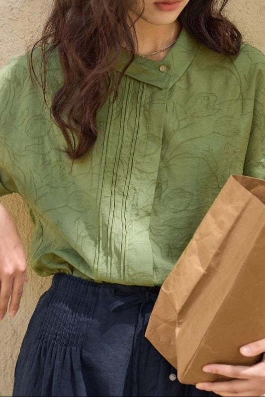 Linen jacquard asymmetrical collared shirt for summer