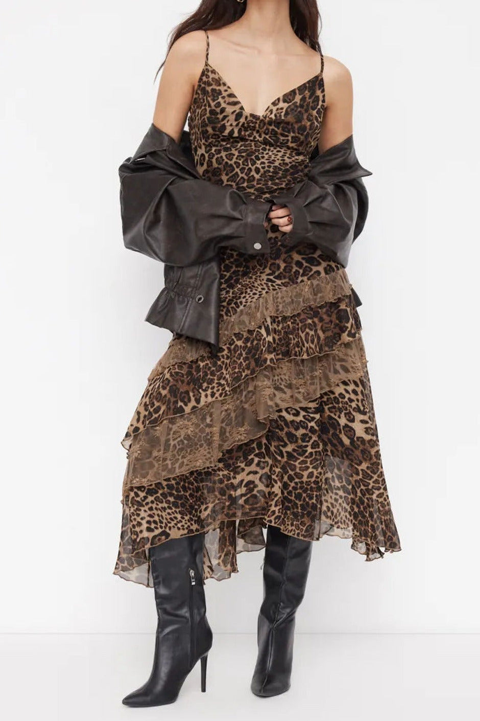 Leopard-print sheer camisole backless maxi dress with ruffles
