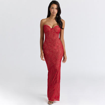 red lace see-through shawl long sleeve top bandeau mermaid skirt set