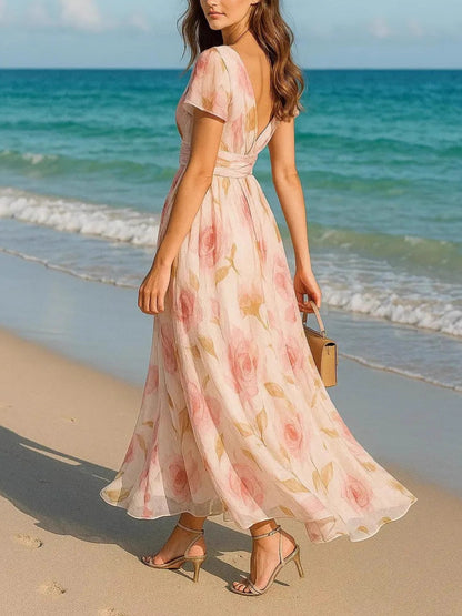 Deep V Ruffle Sleeve Watercolor Floral Chiffon Maxi Dress