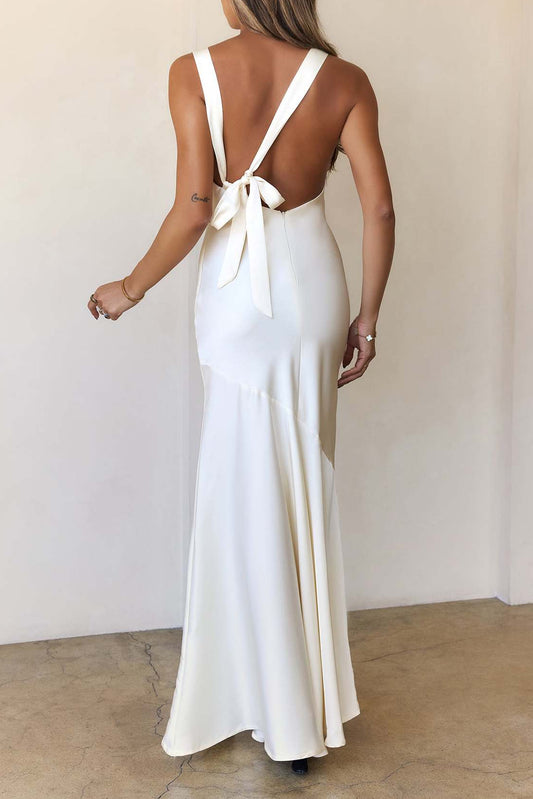 Ivory Satin Sleeveless Boat Neck Open Back Asymmetric Mermaid Maxi Dress