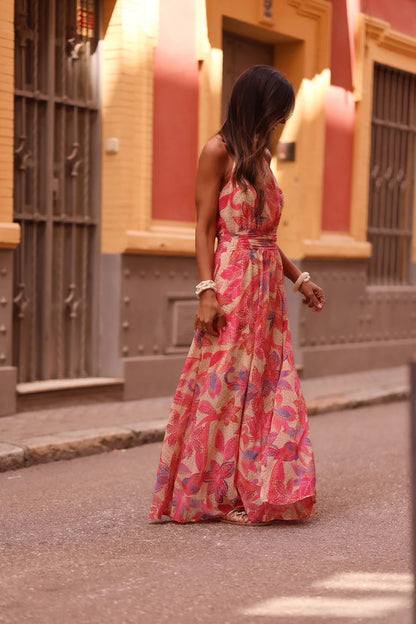 Printed Wrap-Style halter Ruched Maxi Dress - Red