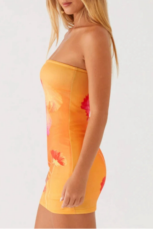 orange flower bandeau min dress