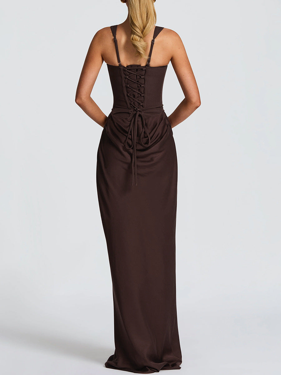brown backless herringbone slip maxi dress