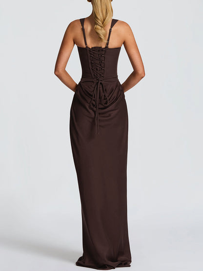 brown backless herringbone slip maxi dress