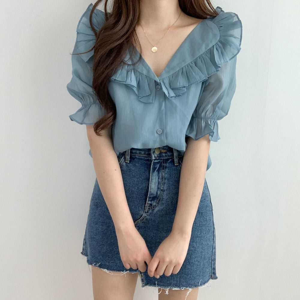 Ruffled puff sleeve chiffon blouse