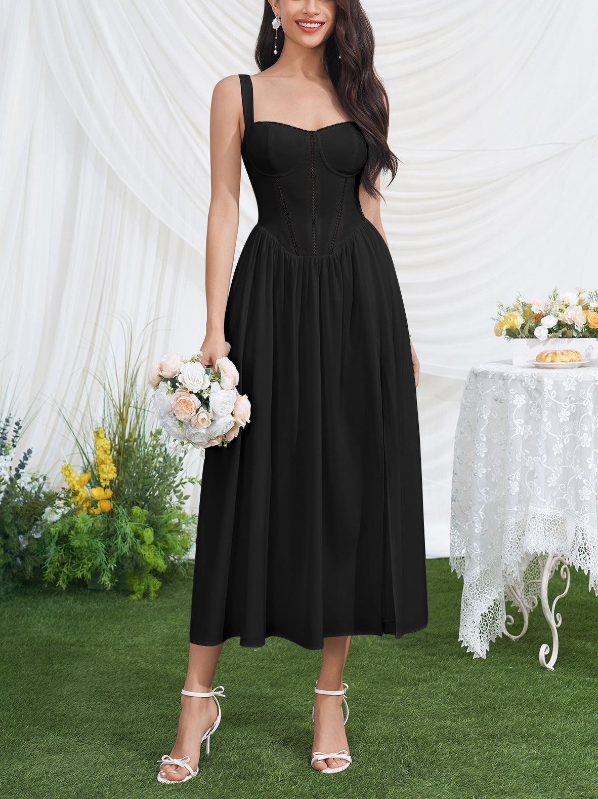 black print high slit open back midi dress