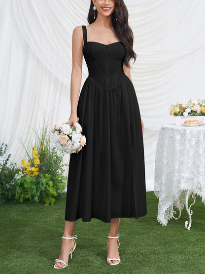 black print high slit open back midi dress