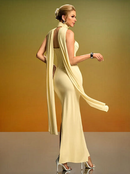 yellow strapless backless  fishbone dress