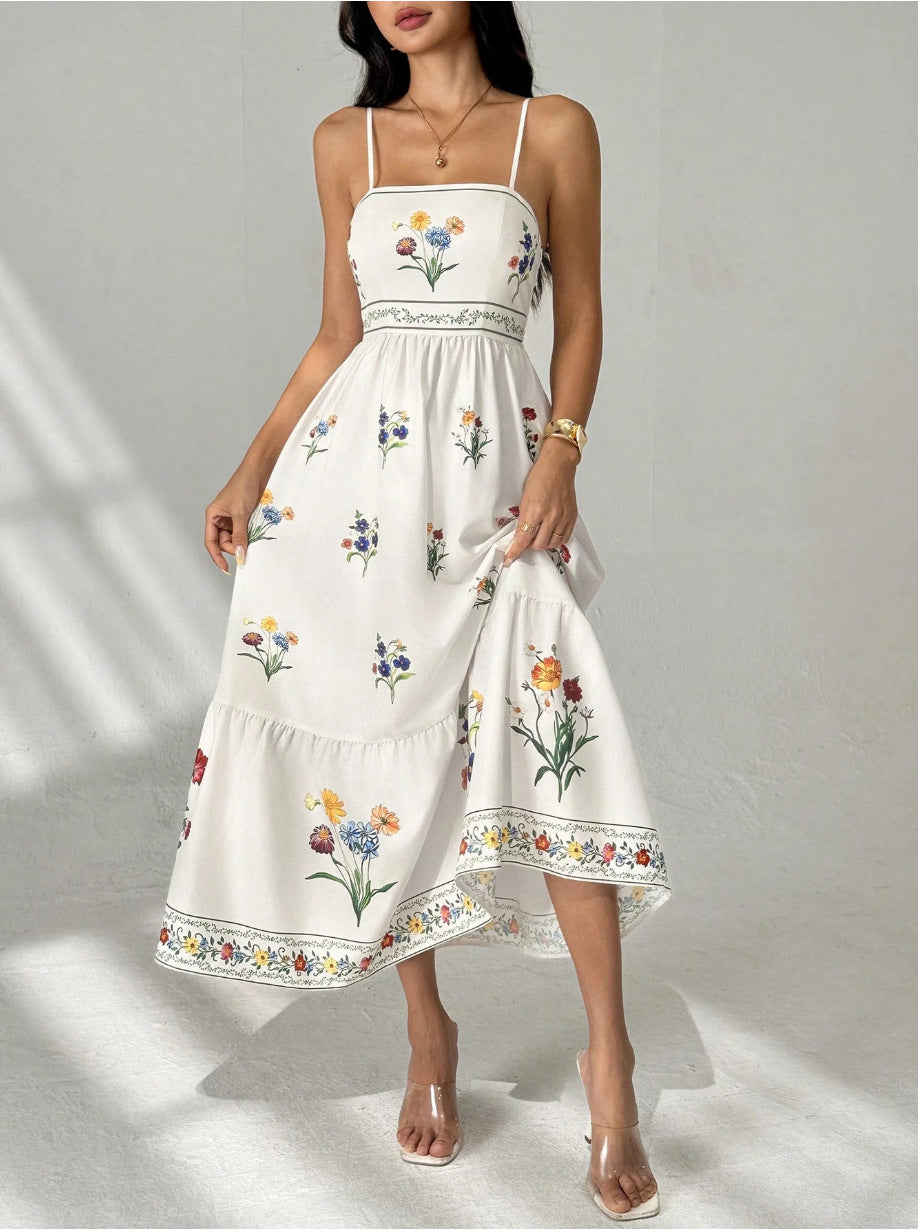 white Suspender Print Waist Open Back dress