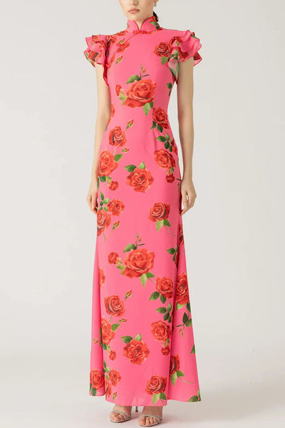 ruffle sleeve floral print bodycon maxi dress