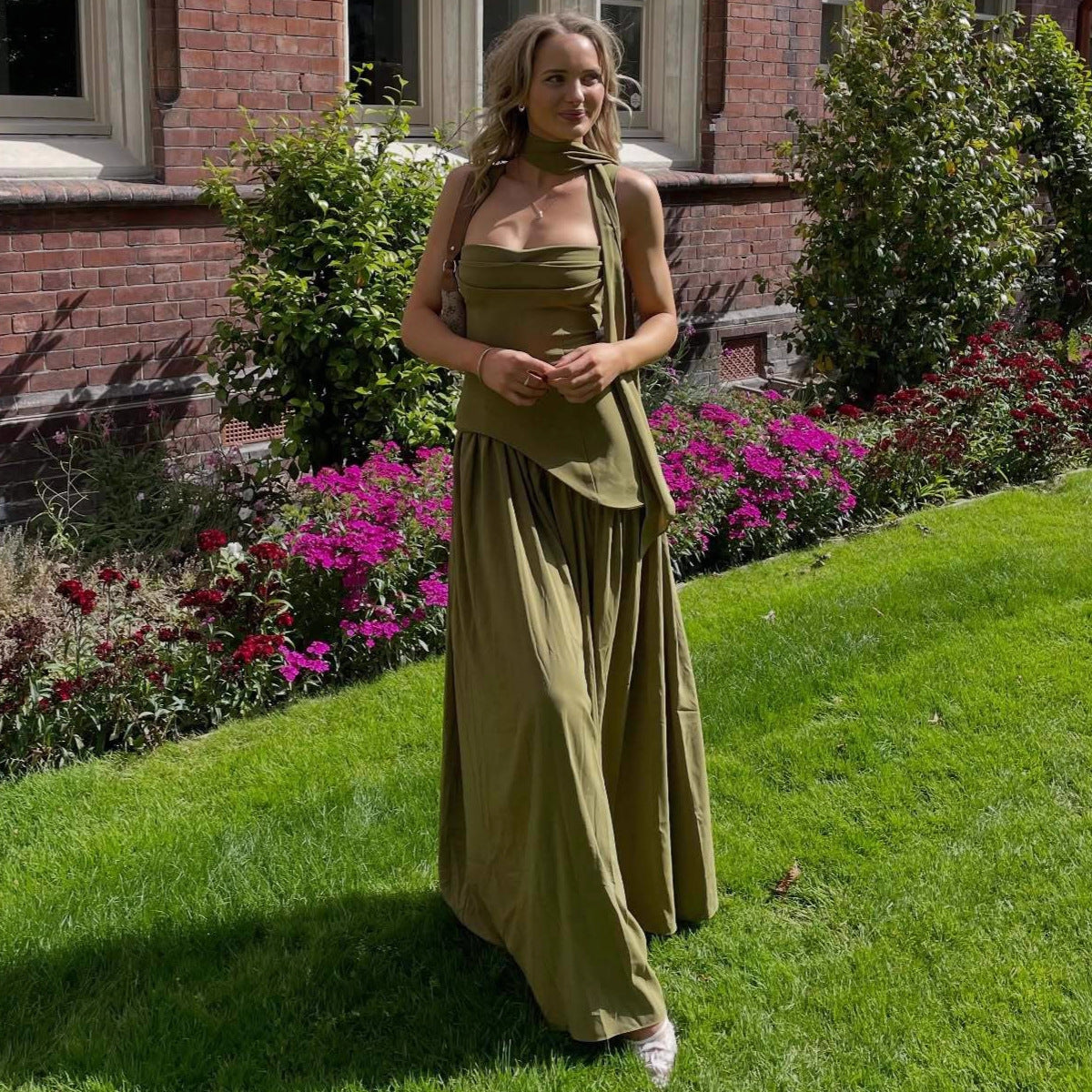 green slim strap open back streamer dress