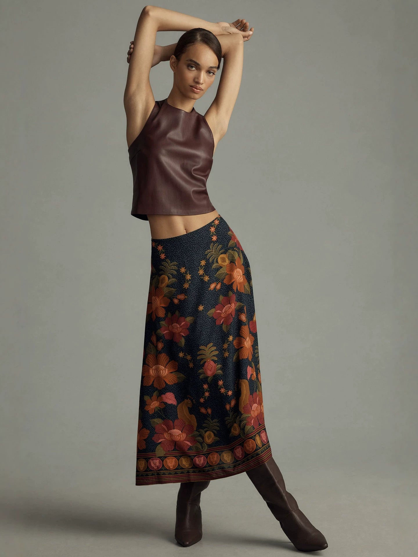 Resort-style floral printed A-line midi skirt