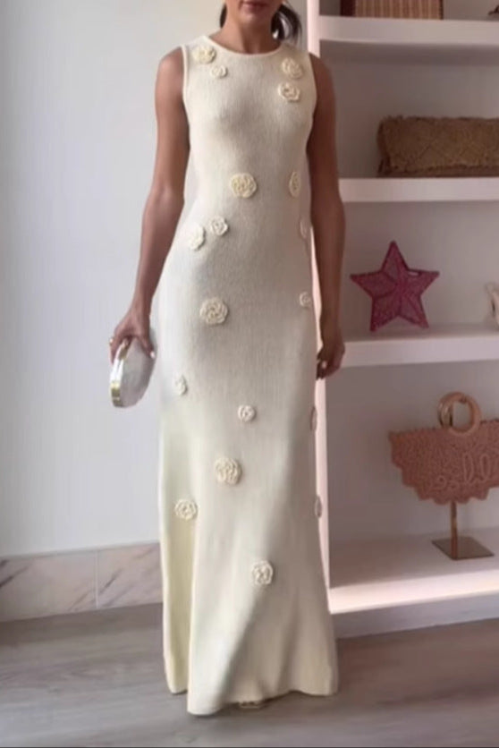 yellow three-dimensional flower knitted maxi dress