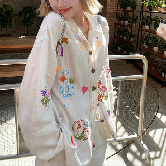 White embroidery cotton linen long sleeve shirt