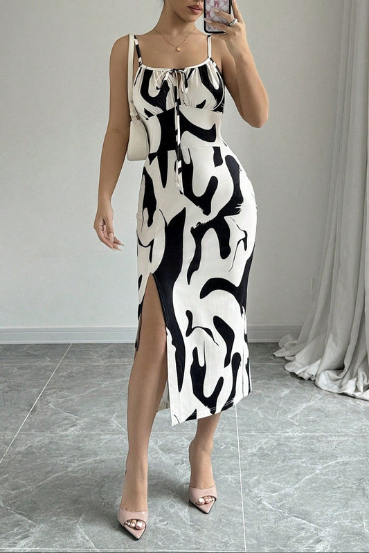 Black White Abstract Print Tie Front Spaghetti Strap Slit Midi Dress