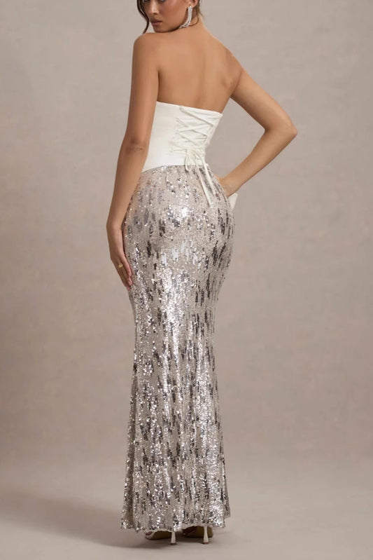 whtie V-neck strapless maxi dress