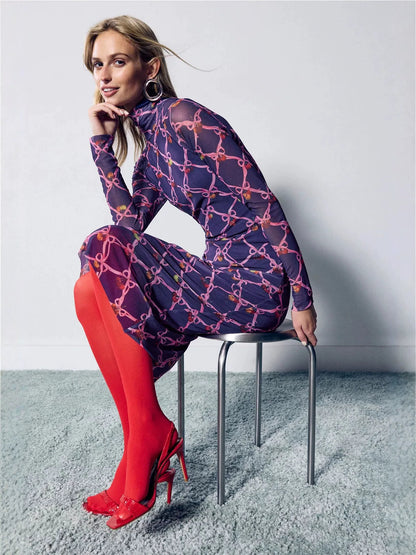 Sheer Mesh midi Dress with Multicolored Polka Dots