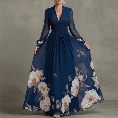 Printed V-Neck Stitched Long Sleeve Dress