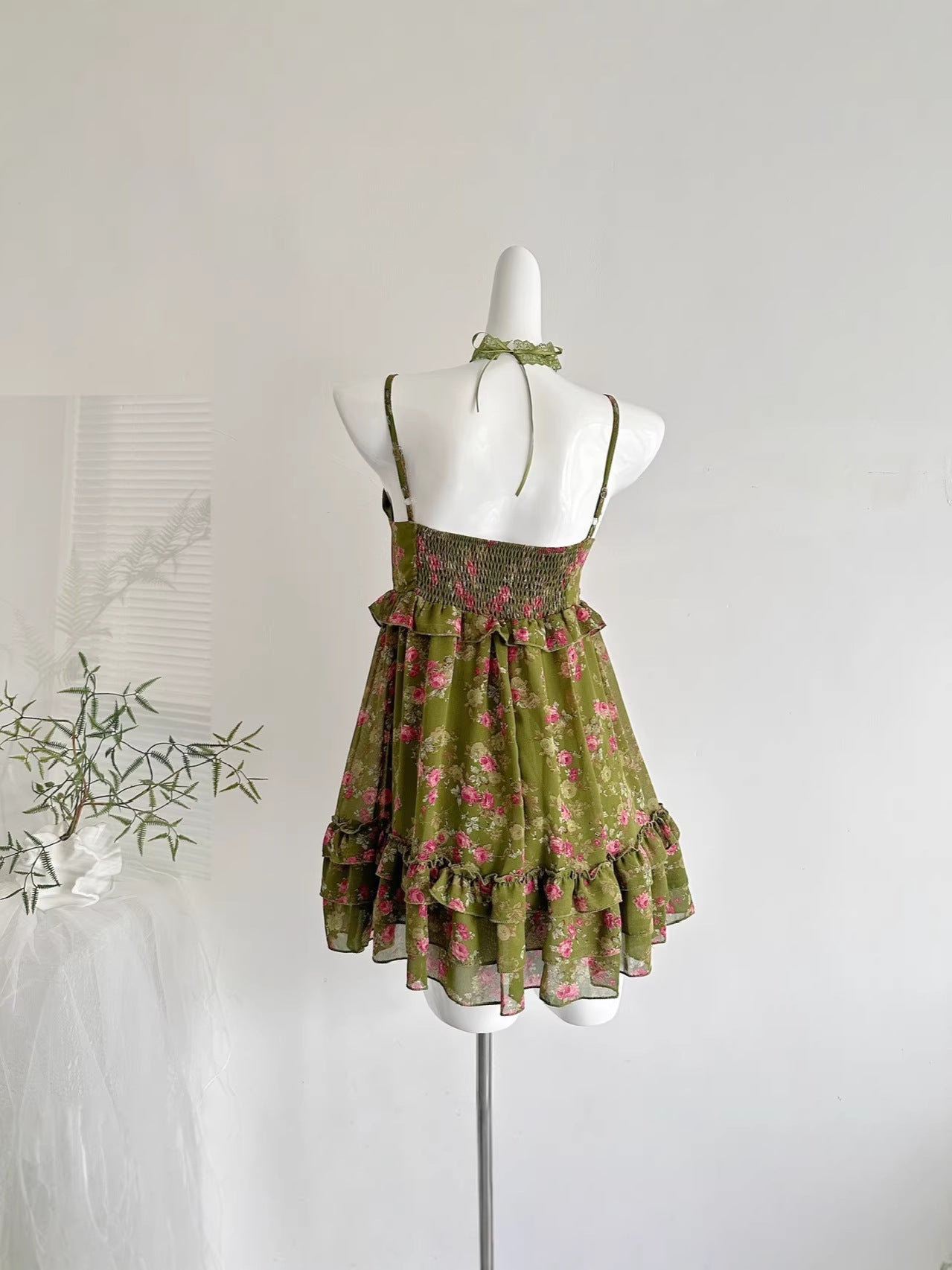 Country-style floral multi-layered cake mini dress - Green