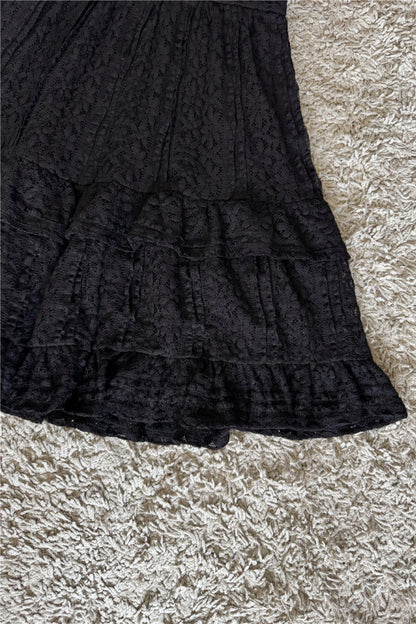 BLACK LACE RUFFLED CINCHED WAIST SLIP DRESS