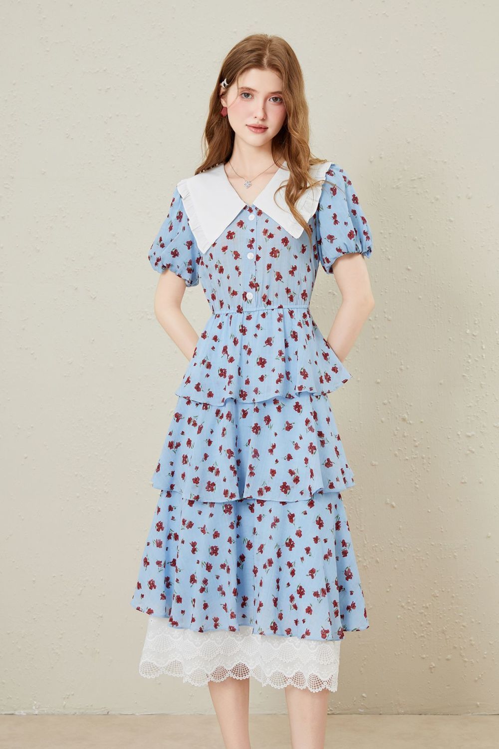 lace splicing print Tiered maxi dress in blue