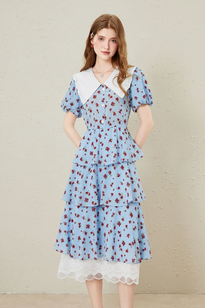 lace splicing print Tiered maxi dress in blue