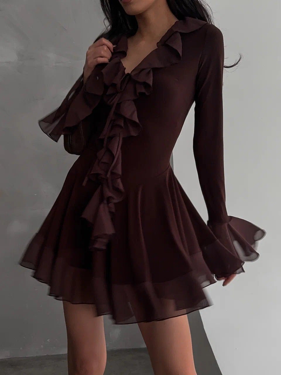 Deep-V mesh flared sleeves mini dress with ruffled trim