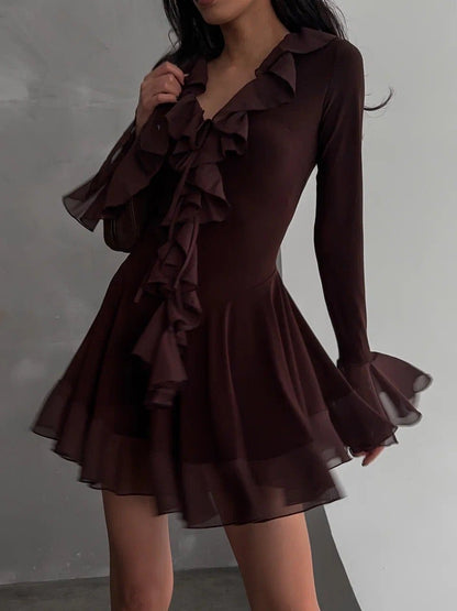 Deep-V mesh flared sleeves mini dress with ruffled trim