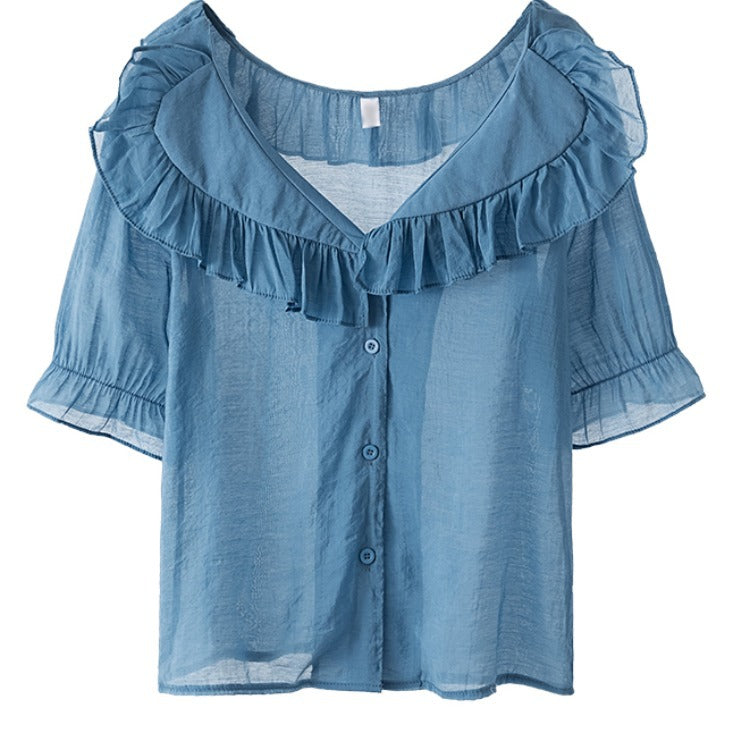 Ruffled puff sleeve chiffon blouse