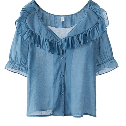 Ruffled puff sleeve chiffon blouse