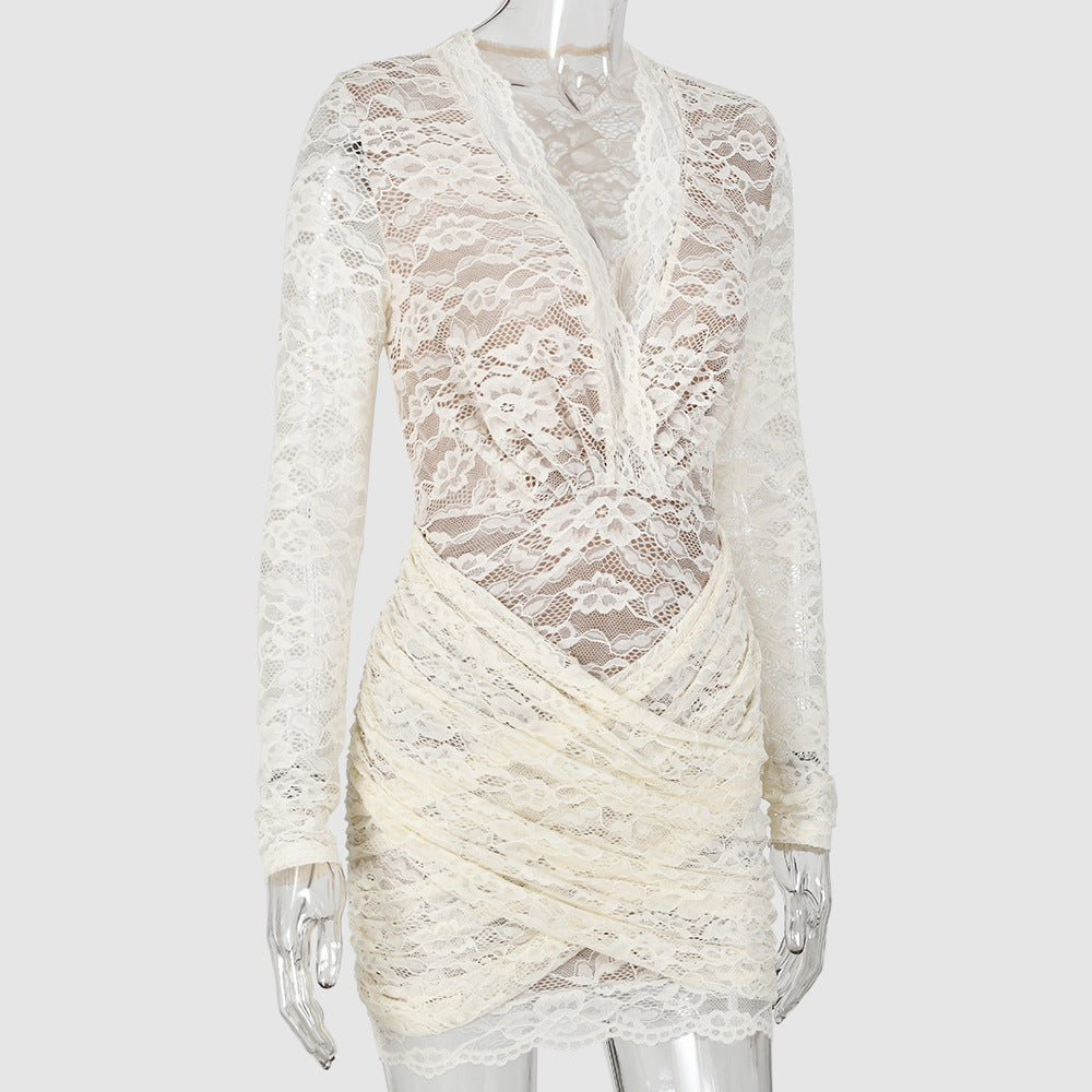 Women's Lace Mini Dress Deep V Neck Long Sleeve Premium Fabric - product view 2