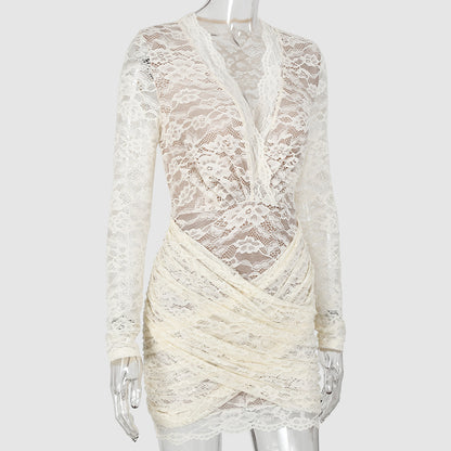 Women's Lace Mini Dress Deep V Neck Long Sleeve Premium Fabric - product view 2