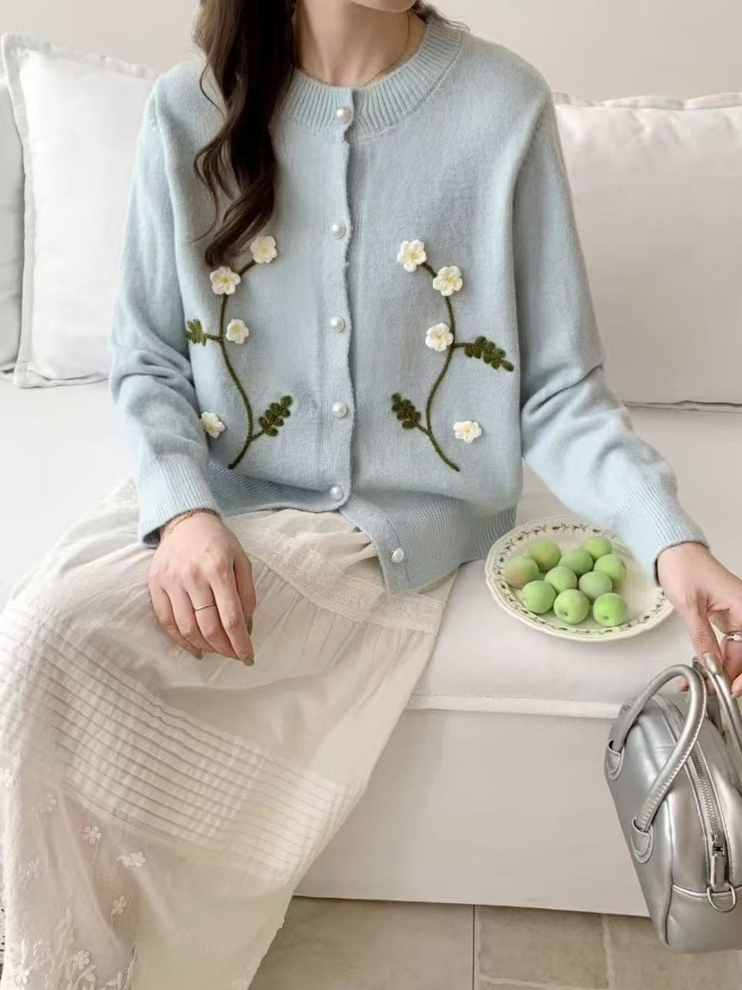 Embroidered Floral Crew-Neck Cardigan