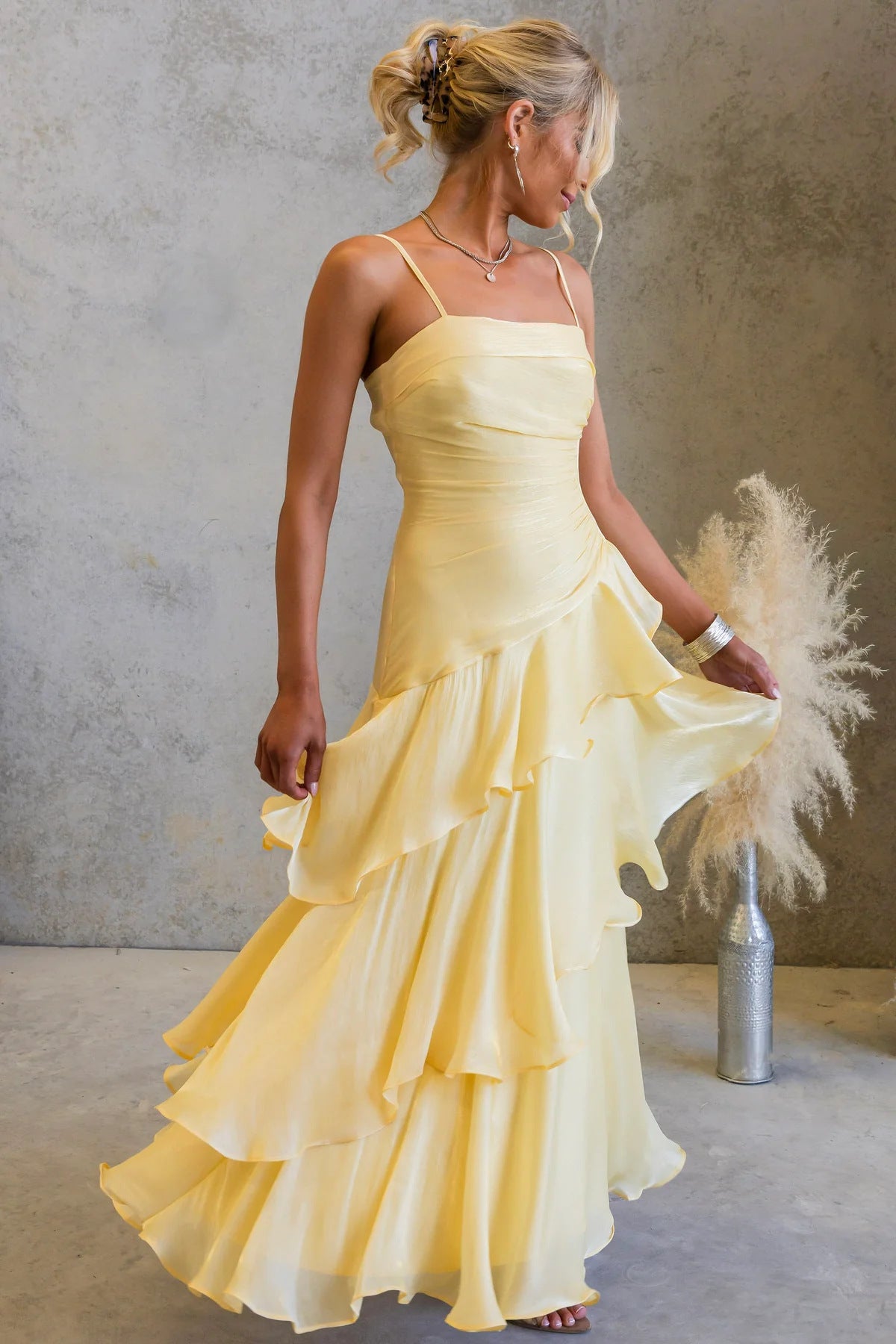 Yellow Tiered Ruffle Maxi Dress Premium Fabric - product view 3