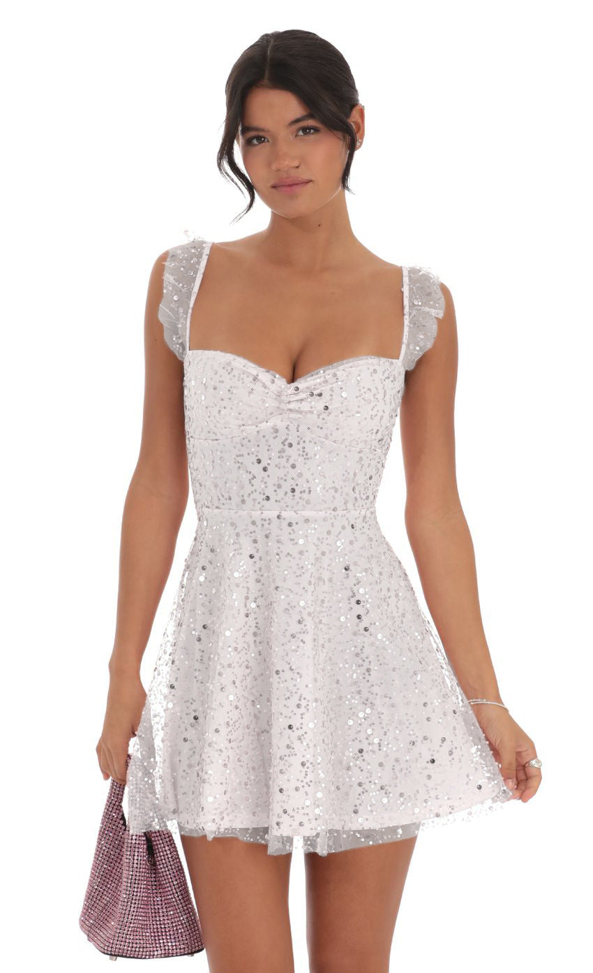 Sequin Tulle Skater Mini Dress with Ruffled Straps