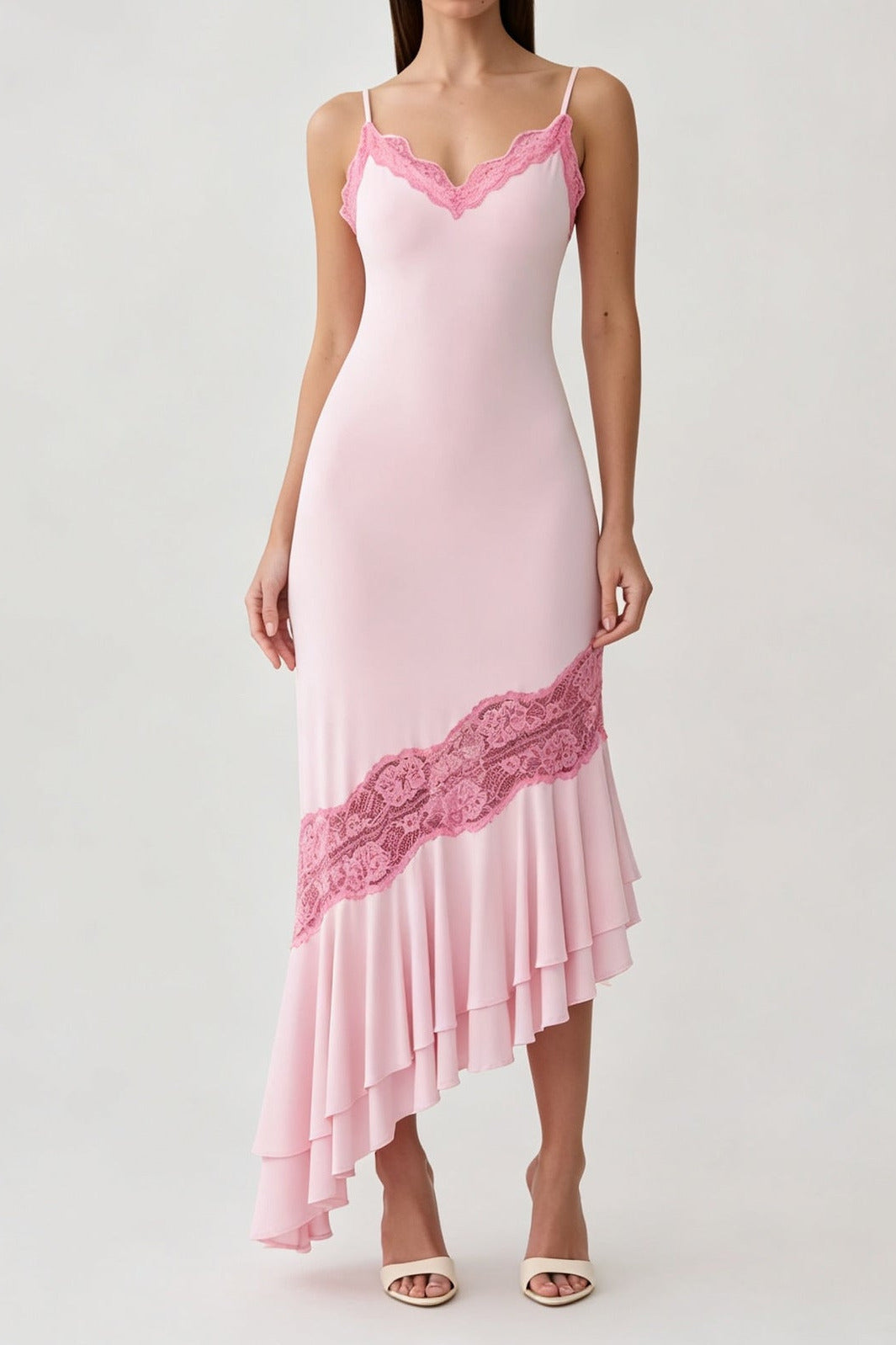 pink V-neck camisole maxi dress with asymmetrical lace splicing & cut-out