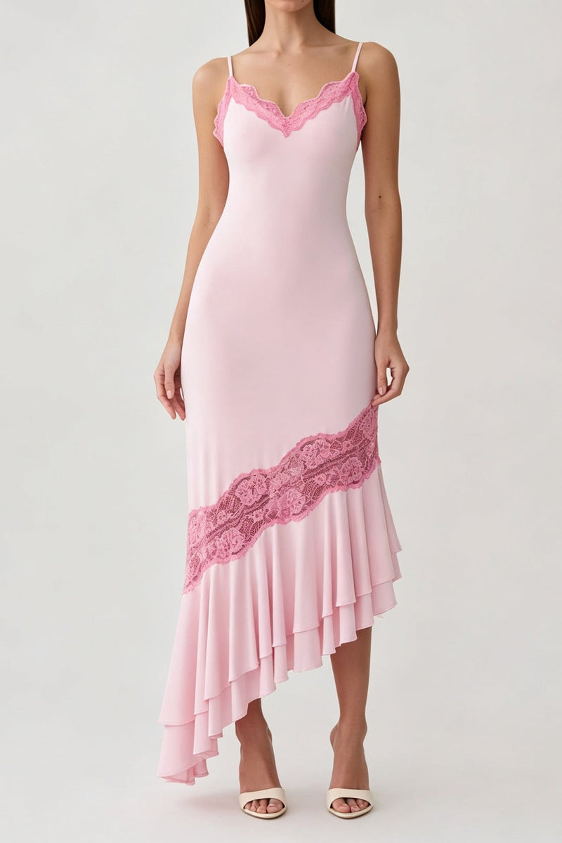 pink V-neck camisole maxi dress with asymmetrical lace splicing & cut-out