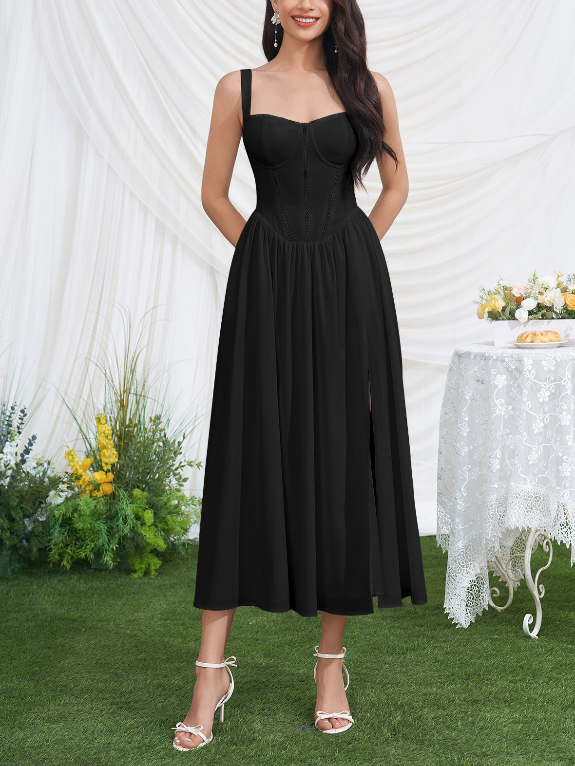 black print high slit open back midi dress