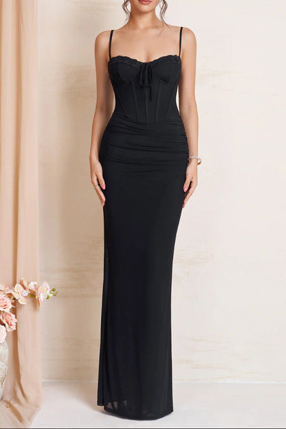 black suspender mesh lace patchwork lace-up pleated dress