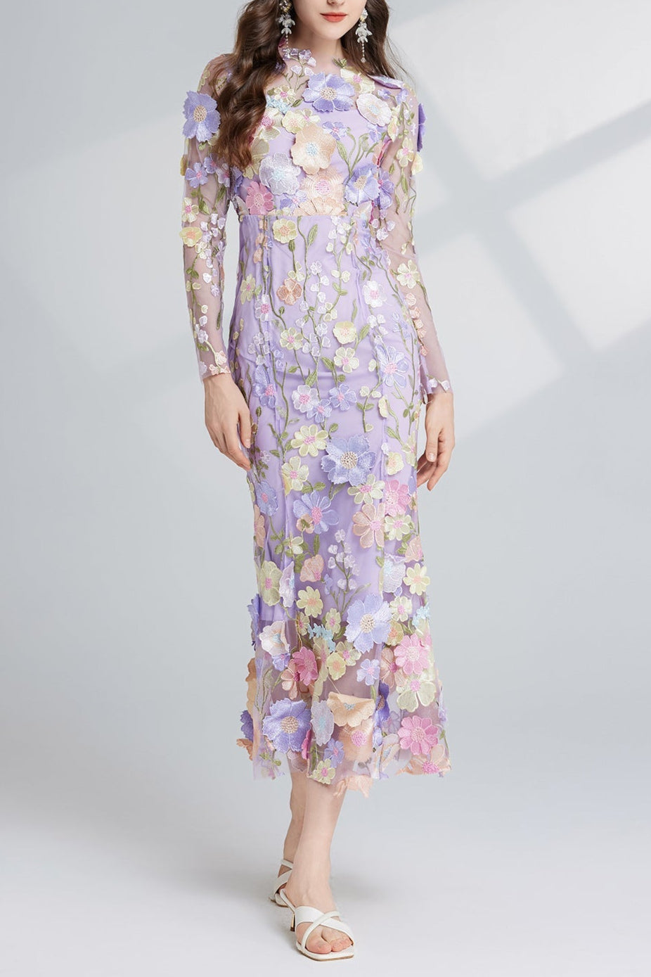 CAROL PURPLE FLORAL EMBROIDERY MESH LONG SLEEVE MIDI DRESS