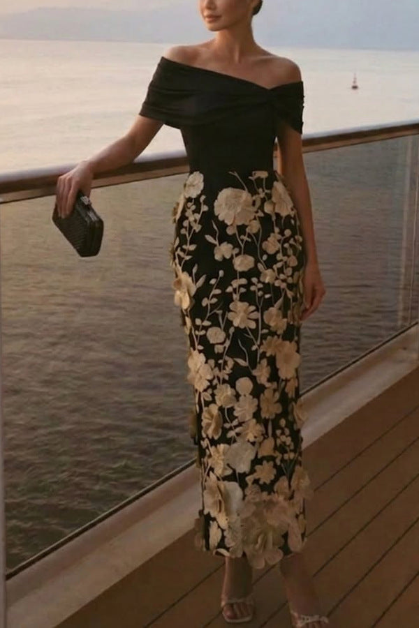 Off-shoulder midi dress with faux 3D floral embroidery