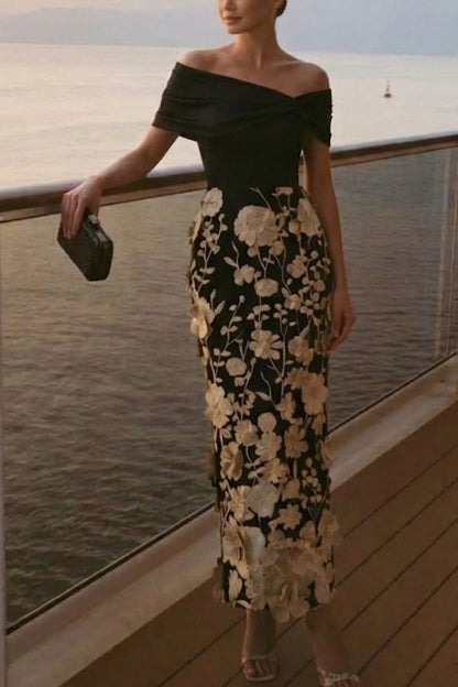 Off-shoulder midi dress with faux 3D floral embroidery