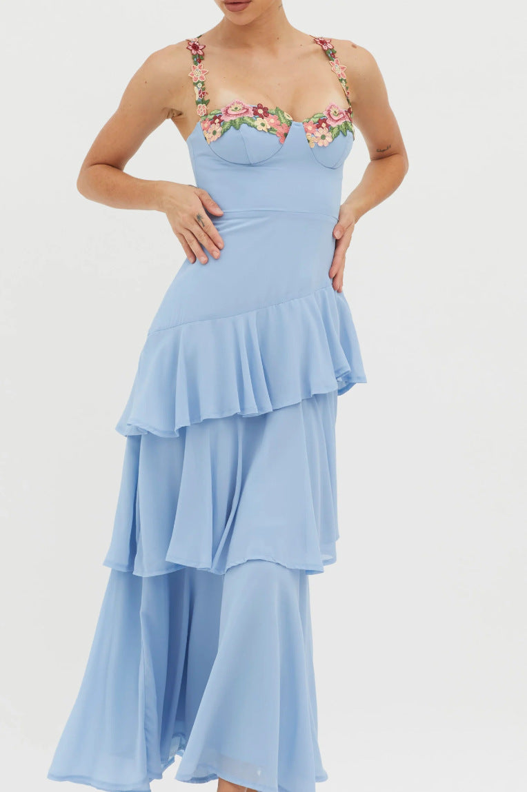 blue Cascading Ruffle Floral Decorative Dress