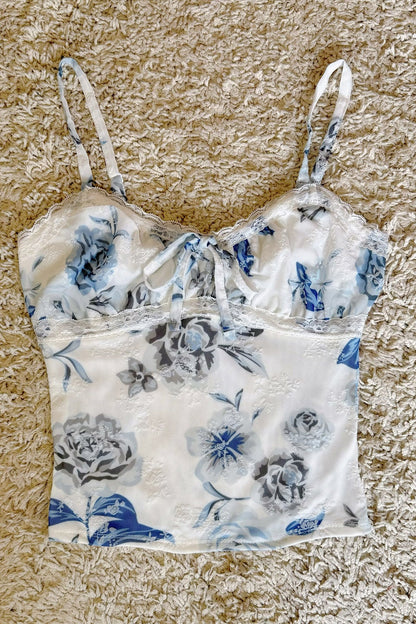 Embossed Printed Lace Panel Lace Mesh Stretch Cropped Sling Strap