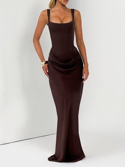 brown backless herringbone slip maxi dress