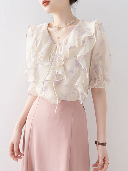 French-style ruffled V-neck short-sleeved shirt
