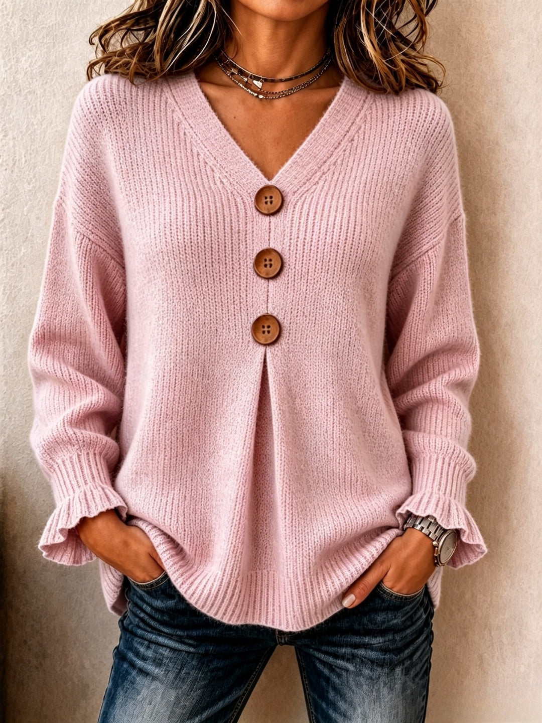 V-neck Ruffled Sleeves Knit Sweater